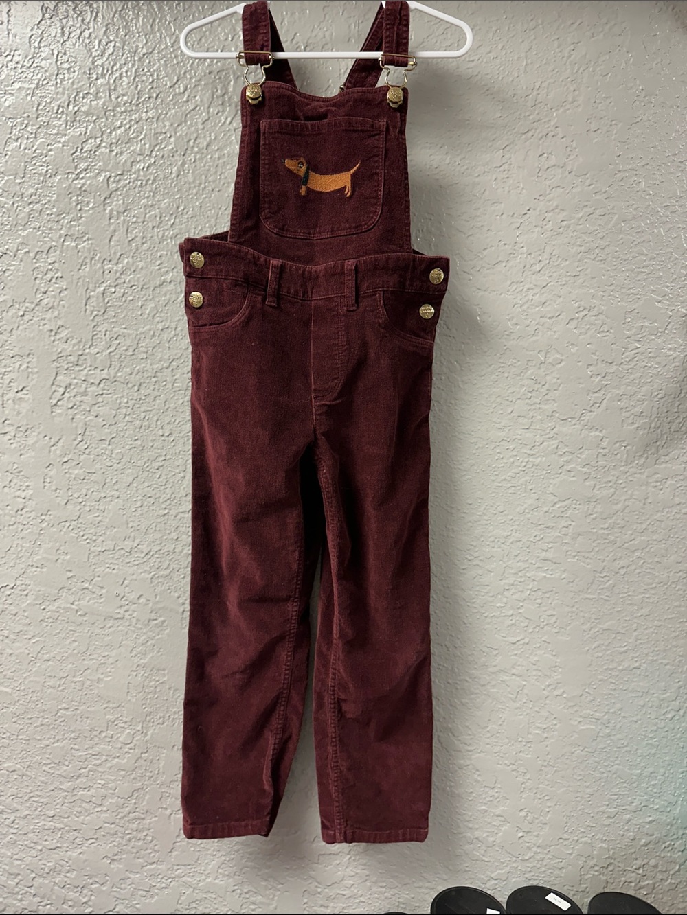 Mini Rodini Organic Burgundy Corduroy Overalls with Dachshund Patch